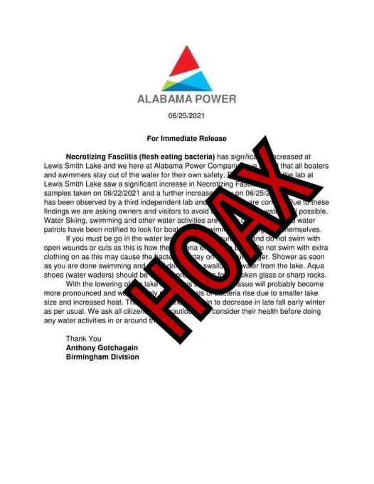 ALABAMA POWER WARNS SMITH LAKE RESIDENTS AND VISITORS OF PRANK FACEBOOK POST